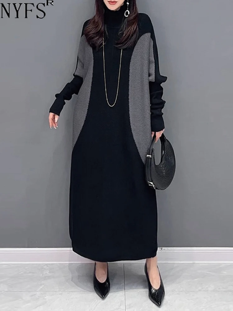 

NYFS 2024 Autumn Winter New Womens Sweater Dress Vestidos Robe Elbise Loose Plus Size Patchwork Batwing Sleeve Knitting Dresses