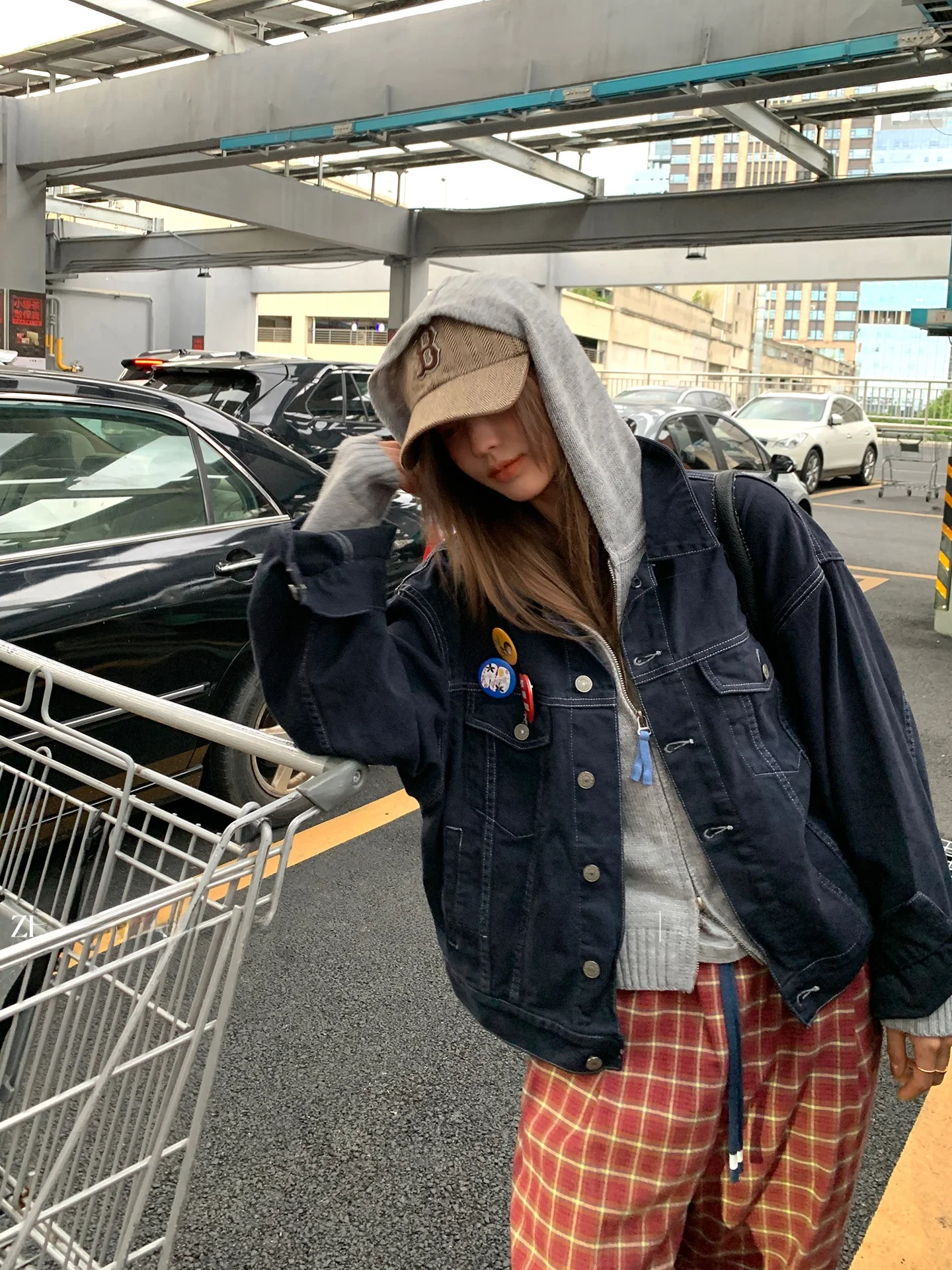 

Zhou tong Women's Denim Jaet Early Autumn New Hong Kong Sle Stand Collar Vintage Design Loose Open Cardigan Top