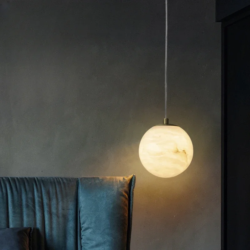 Natural Marble Ball Pendant Lamp Simple Natural Hanging Lights Bedroom Living Room Bar Study Copper Chandelier Led Moon Lamp