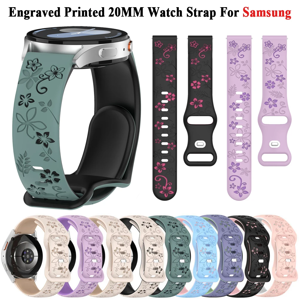 

20mm Floral Engraved Band for Samsung Galaxy Watch 7 6 5 4 44mm Cute Fancy Sport Silicone Strap For Watch 5 Pro/Active 2 correa
