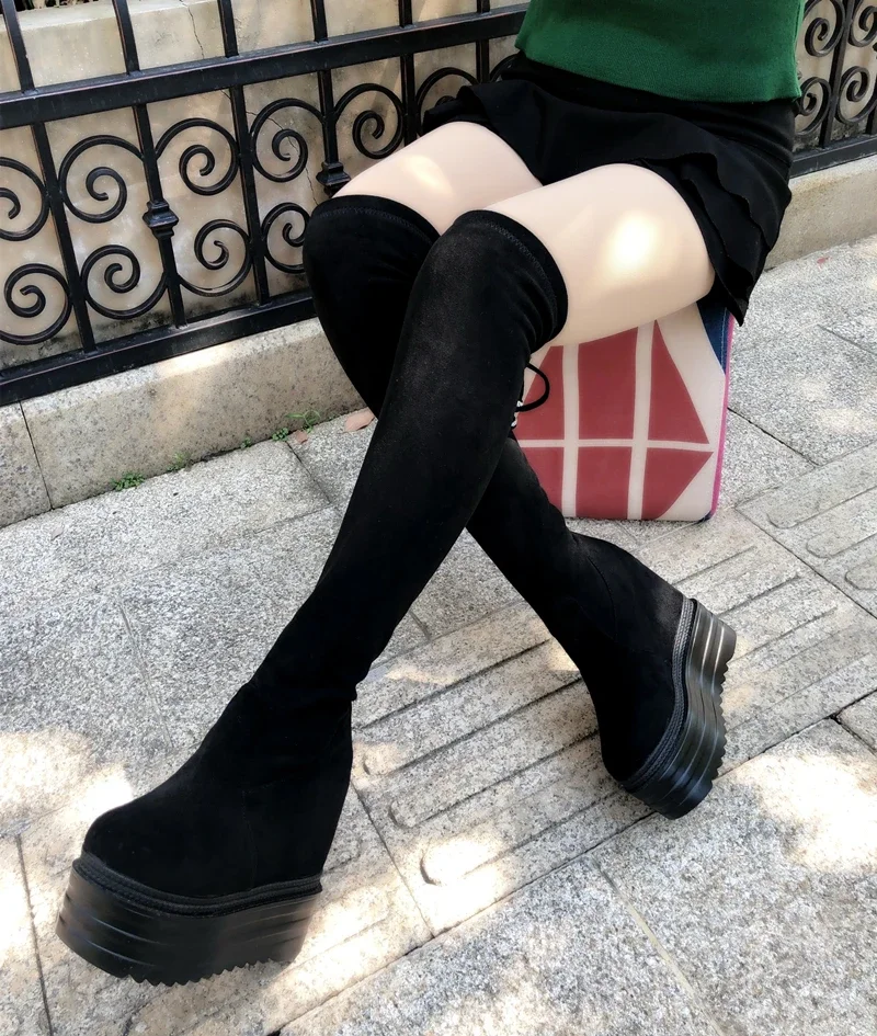 2024 Increase Within Wedges Women Boots 14cm Super High Heel Over-the-Knee Boots Sexy Wild Long Boots Suede Womens High Boots