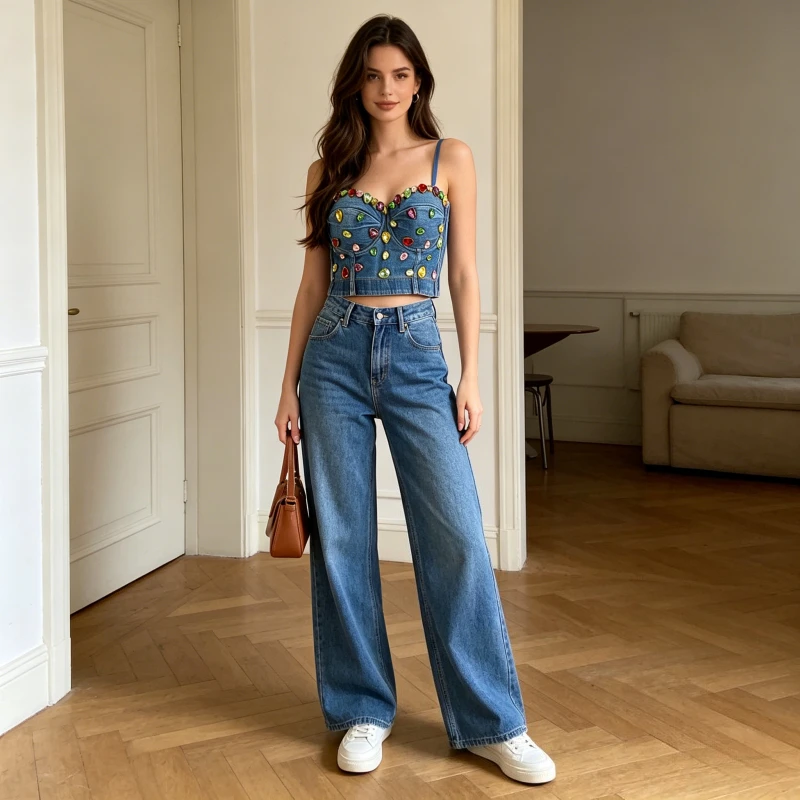 Women Camisole Summer Denim Crop Top Tanks Sexy Rhinestone Fishbone Corset Sleeveless Tops Club Y2K Streetwear Bustier 2026