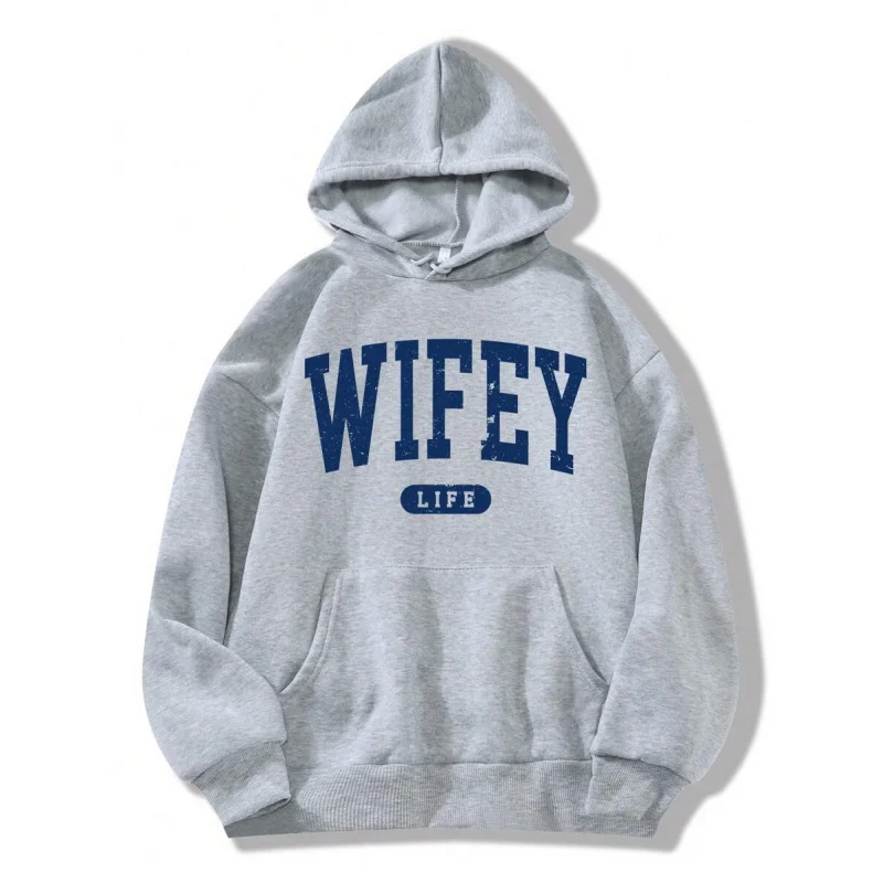 

Толстовка с графическим принтом Wifey Life, с карманом и завязками, весенне-зимняя, уютная, модная, для мужчин и женщин, серый свитер, повседневный топ с длинными рукавами