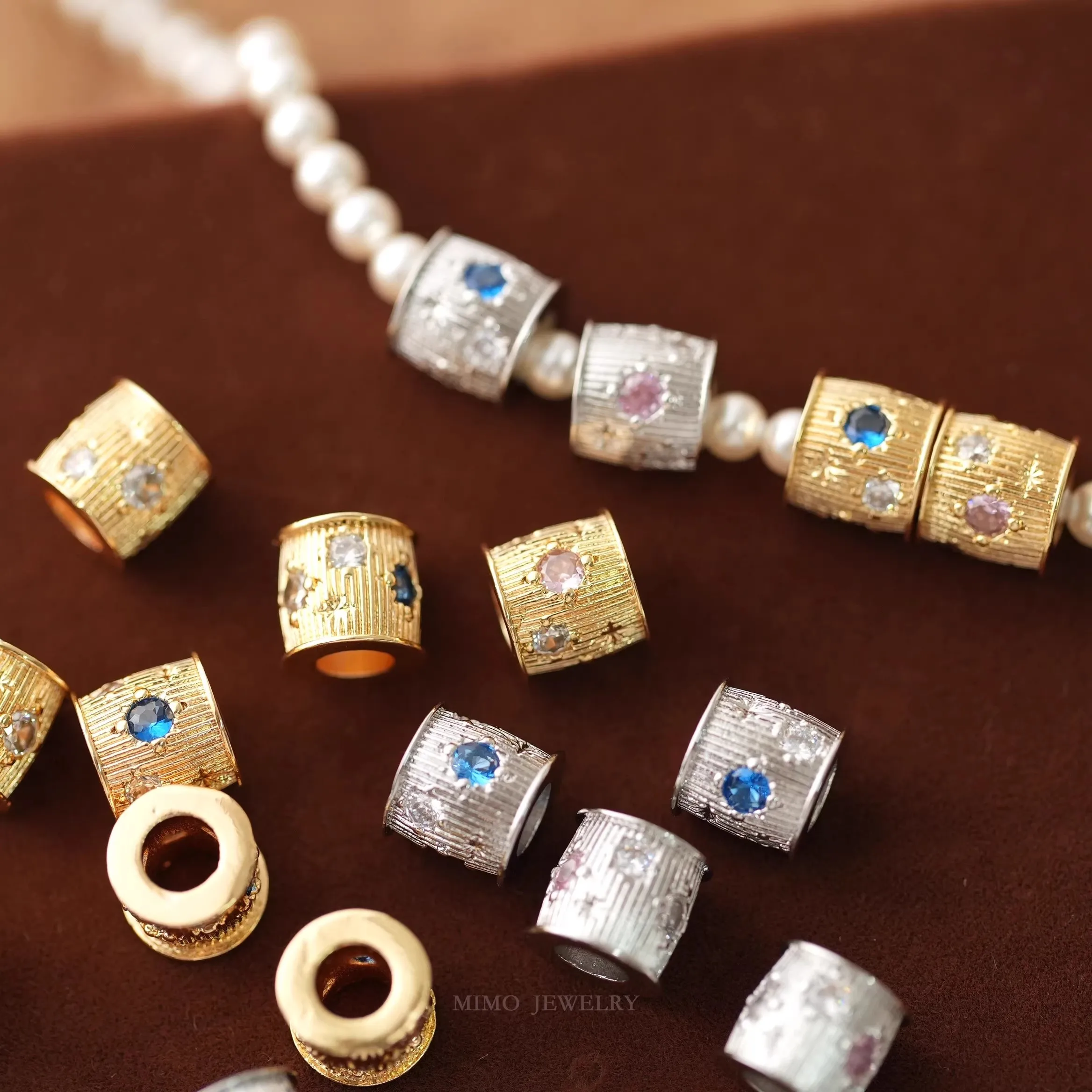 

Copper-plated Real Gold Horizontal Stripe Starlight Pinkish-blue Zircon Road-through Partition Beads DIY Handcrafted Accessories