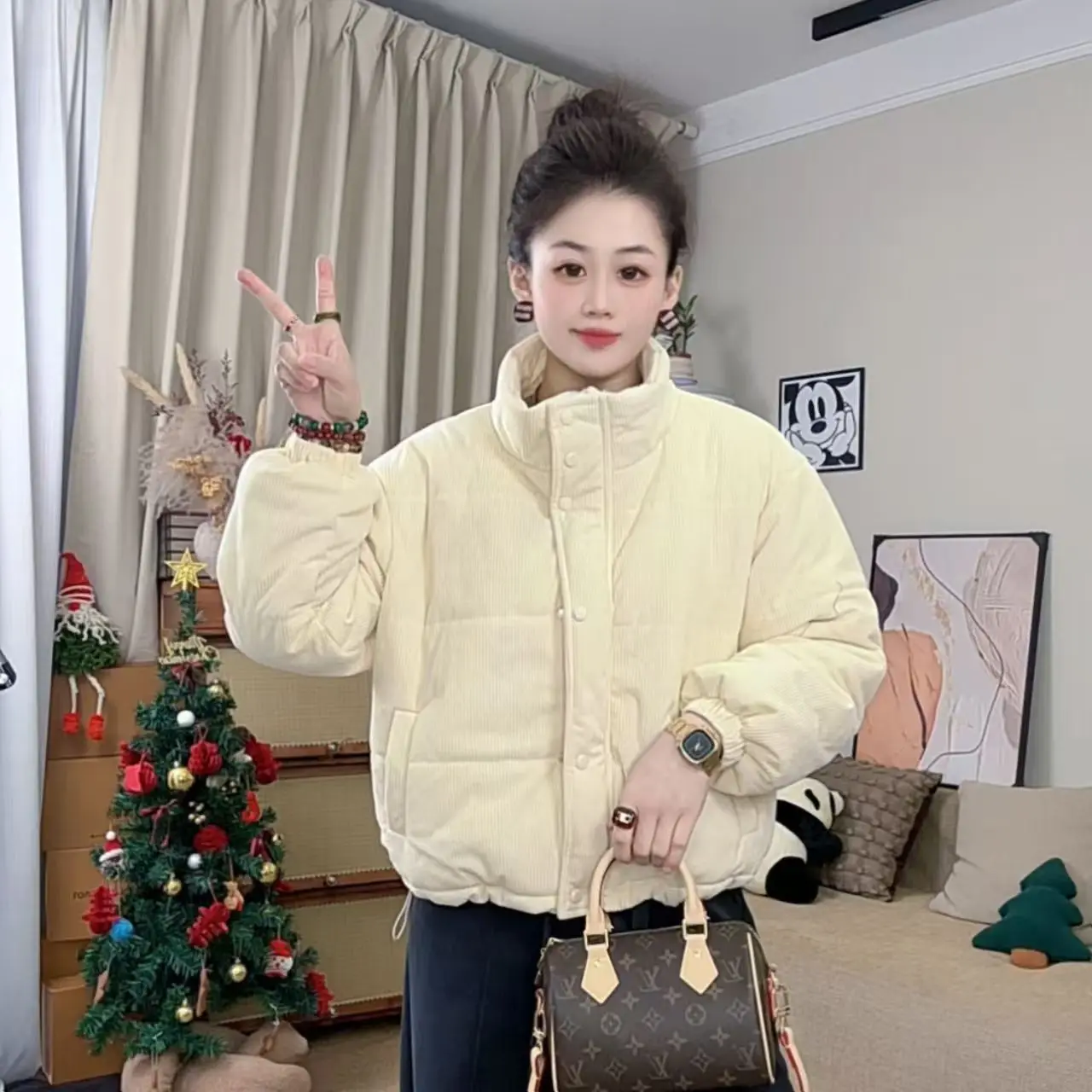 2026 Women Corduroy Cotton Padded Jacket Winter Coat New Solid Stand Collar Short Jacket Versatile Casual Cotton Clothing Female 4
