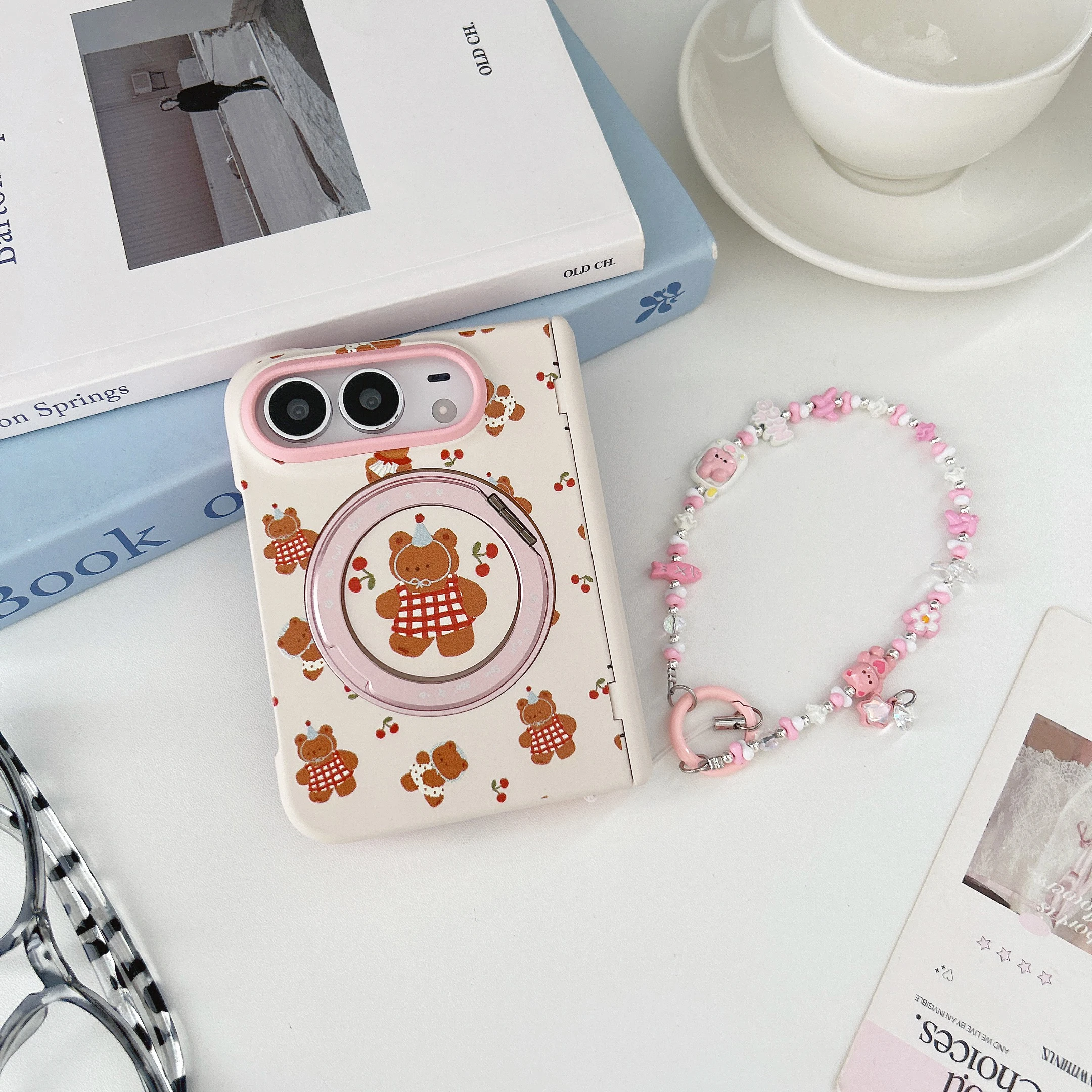 Korean INS Cute Bear Flower Pattern Folding Phone Case For iPhone Duo With 360° Magnetic Stand Kawaii Shockproof For Magsafe