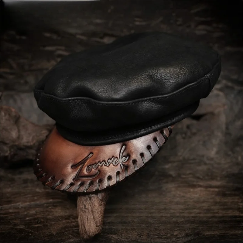 Biker cowhide men leather berets women handmade captain retro trend