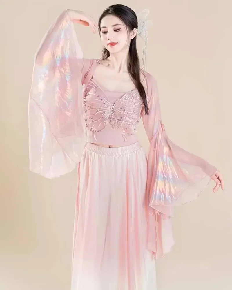 أزياء الرقص الكلاسيكي فراشة الشاش أنابيب كولوتيس 3 قطعة مجموعة النساء الصينية الجسم ممارسة موحدة الوردي الأبيض الأزرق فستان رقص