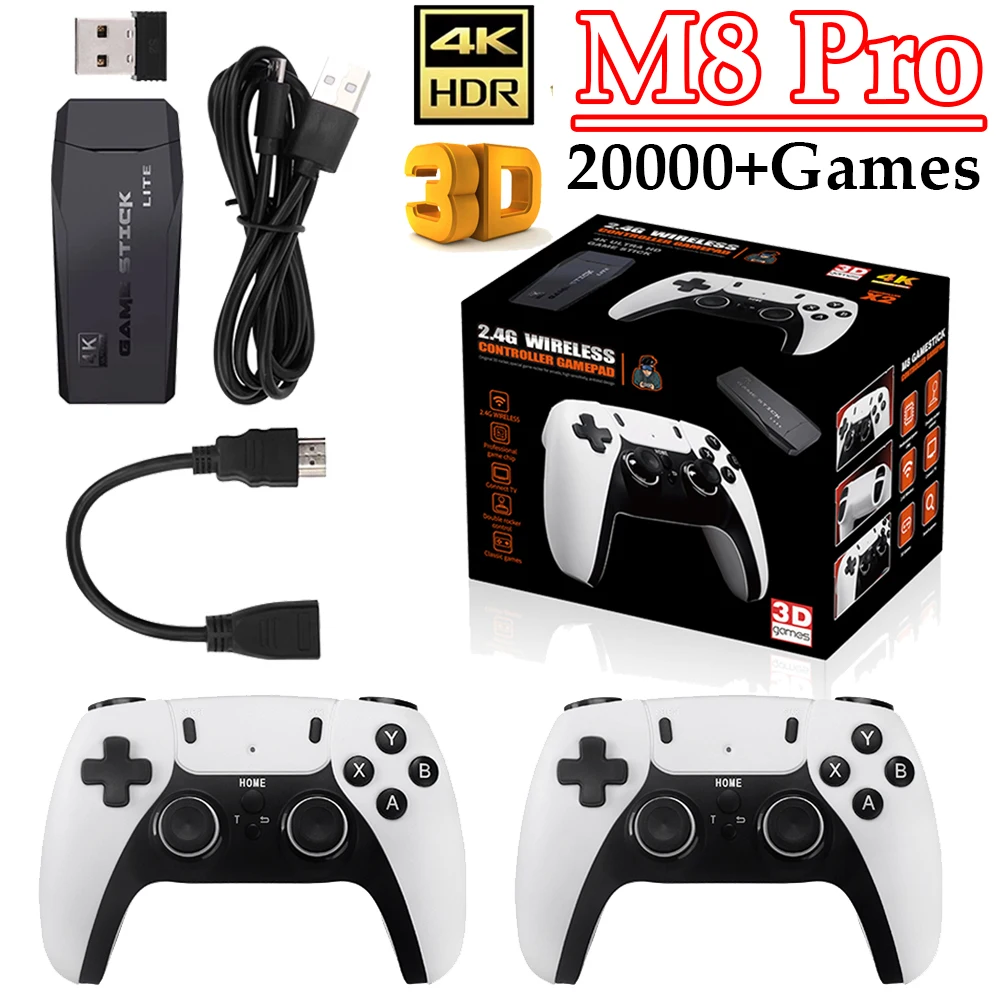 M8 PRO Video Game Console 2.4G Double Wireless Controller Game Stick 4K 20000 Games 32/64/128GB Retro Games Boy Christmas Gift