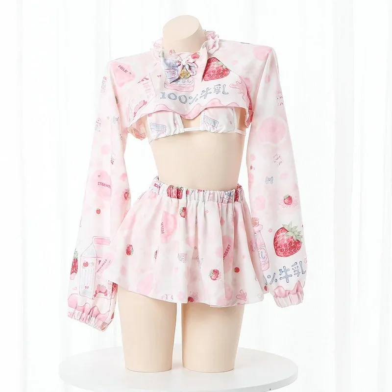 Anime Maid Outfit Cosplay Uniform Pink Lolita Dresses Cow Girl Strawberry Long Sleeve Hollow Out Bikini Skirt Tops Set Costumes