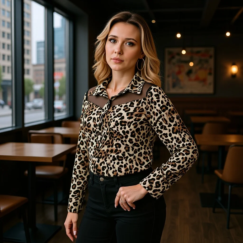 

Модная женская блузка с леопардовым принтом, лето 2026, повседневная, с длинным рукавом, отложным воротником, сетчатыми вставками, свободного кроя, элегантная.