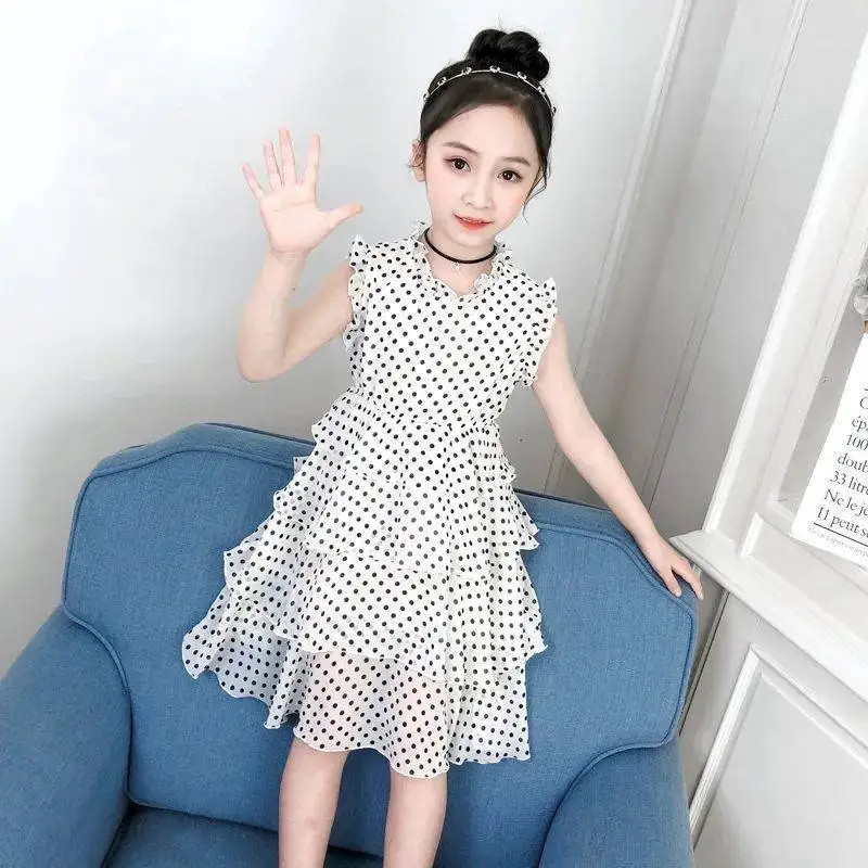 2022 Sleeveless mesh lace Toddler Girl Summer Clothes polka Dot Pleated Dresses Casual Princess  Party for Kids 6 8 9 10 11 year