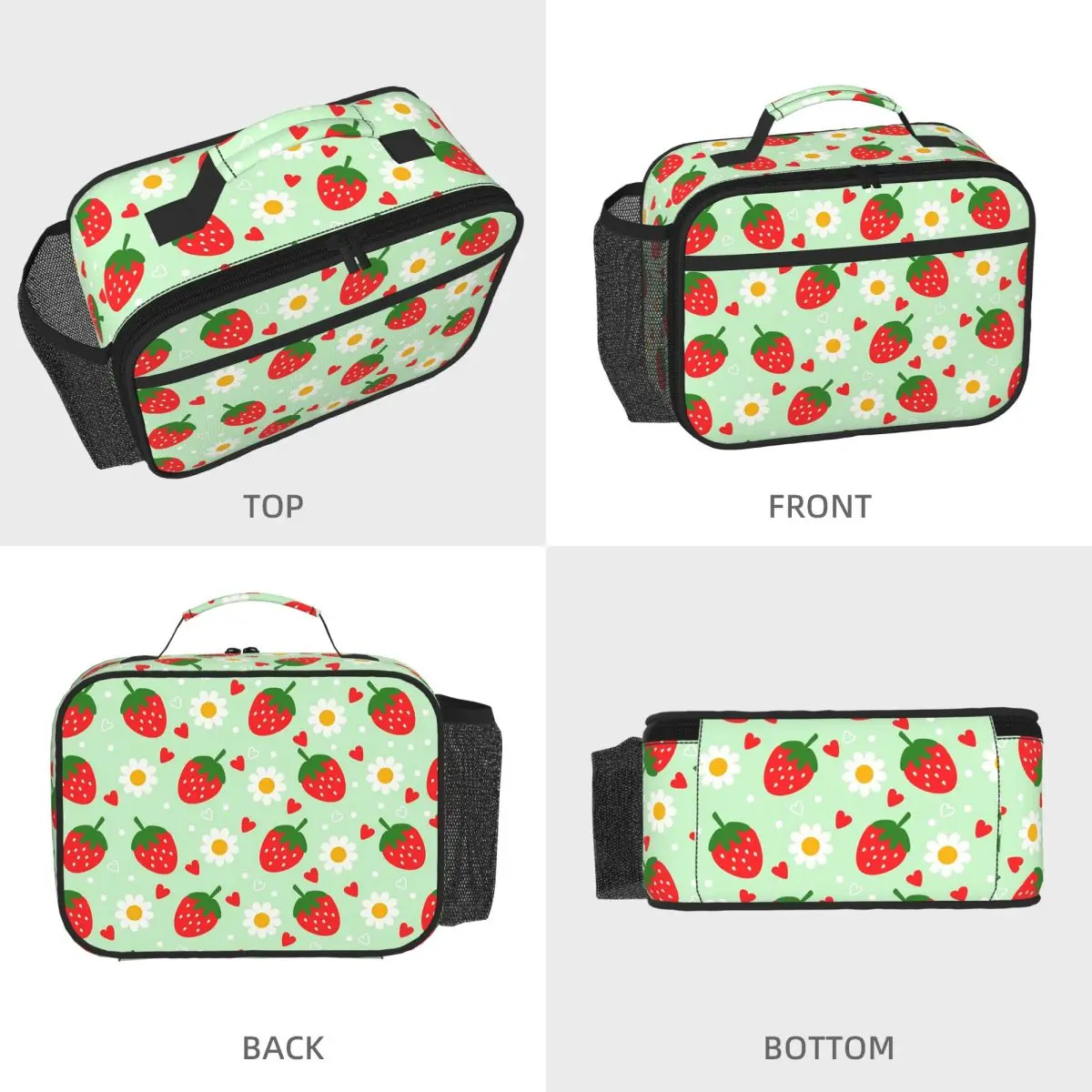 Strawberry And Daisy Cartoon Pattern Insulated Lunch Bag for Women Kids Portable Food Boxes Thermal Lunch Box Tote