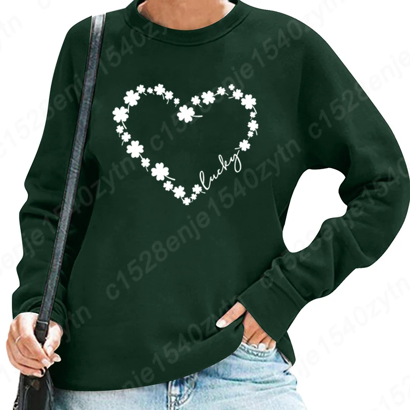 

St Patrick's Day Clover Heart Lucky Print Women Pullover Autumn Winter Fashion Ladies Sweatshirt Long Sleeve Hoodless Sweatshirt