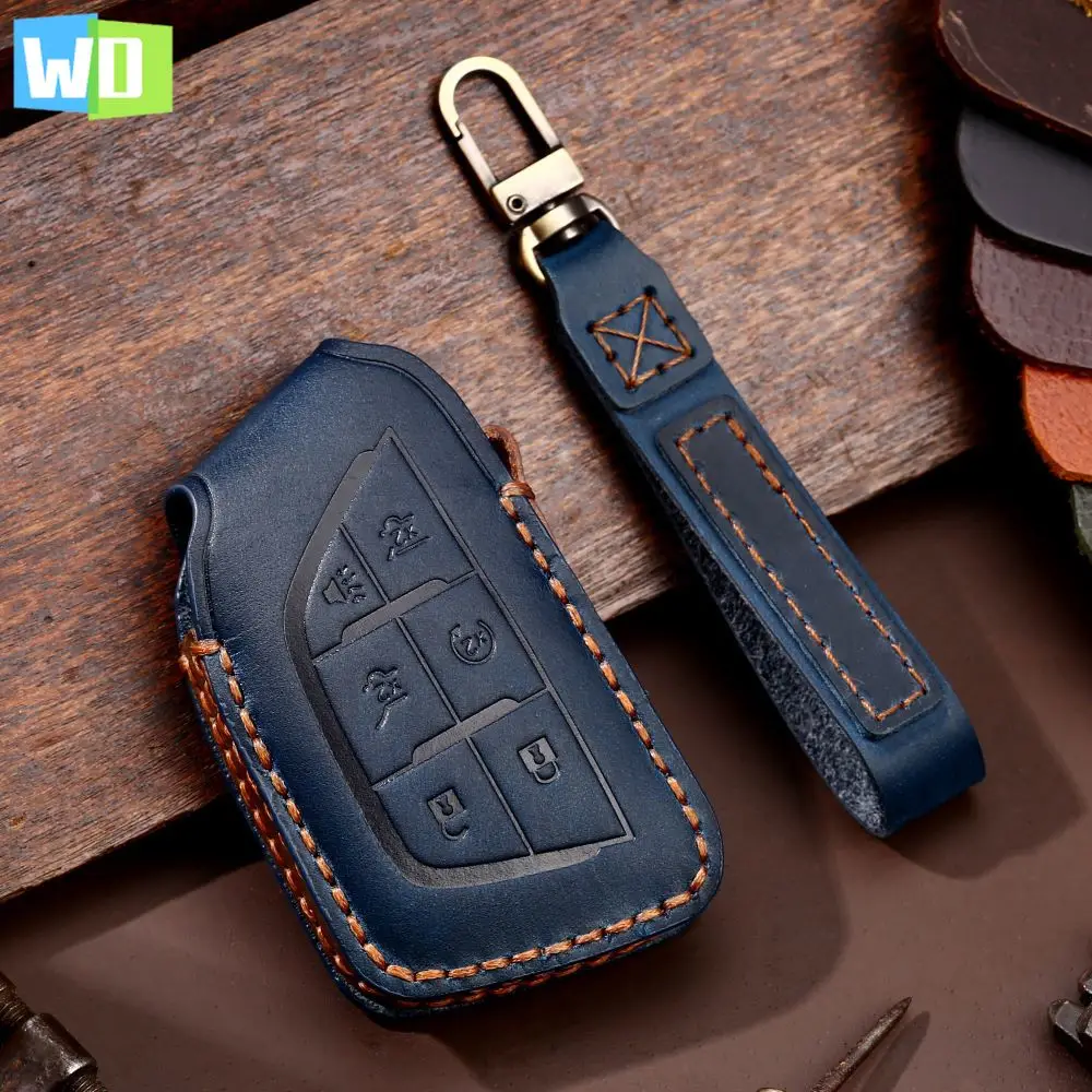 

Leather Handmade Car Remote Key Case Cover Holder Keychain For Cadillac CT4 CT5 CT4-V C8 Corvette 2020 2021 Escalade Accessories