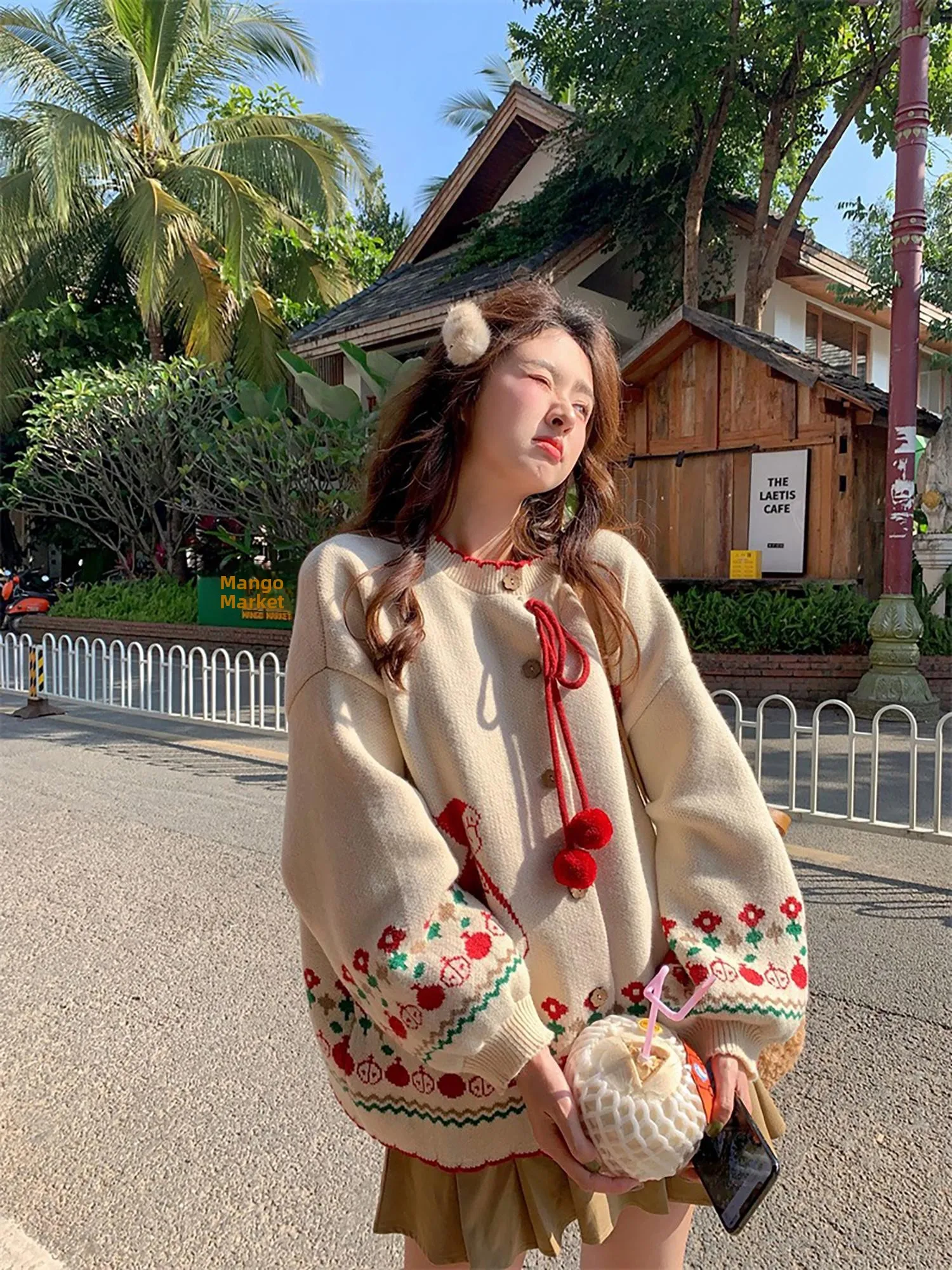 

Vanwenwen Merry Berry Bagel Red Bubble Sve вязаный открытый кардиган женский зимний сладкий Cisas свободный свитер Fem Sle