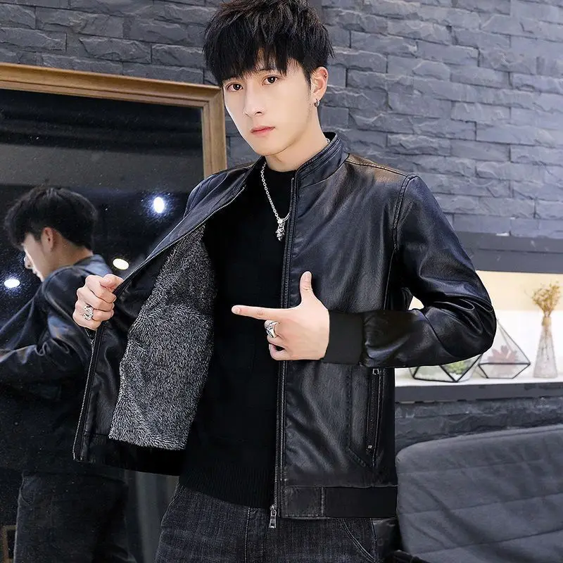 

Autumn Winter Men's Slim Fit Short Leather Jacket with Fleece Lining Trendy Soft Leather Coat for Warmth Fashion