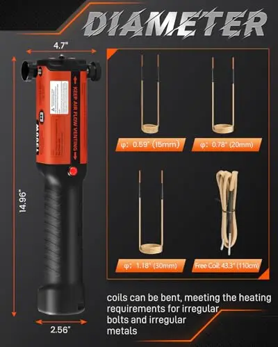 1300W Handheld Induction Heating Kit With Four Removable Coils, Power Cable, And Hard Carry Case For Seized Rusty Fasteners