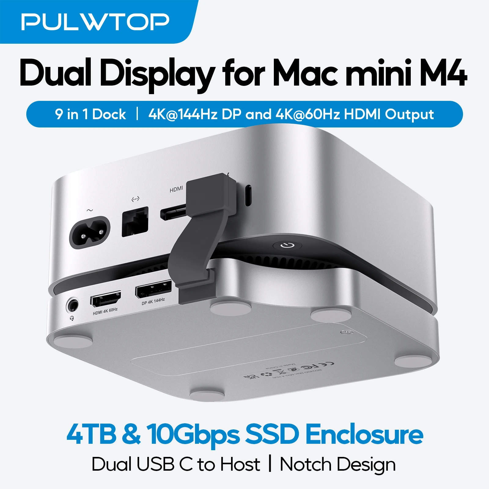 PULWTOP Mac Mini M4 Dock Stand with DP 4K 144Hz & HDMI 4K60, Mac Mini M4 Pro Hub with 4TB NVMe SSD Enclosure (SSD NOT Included)