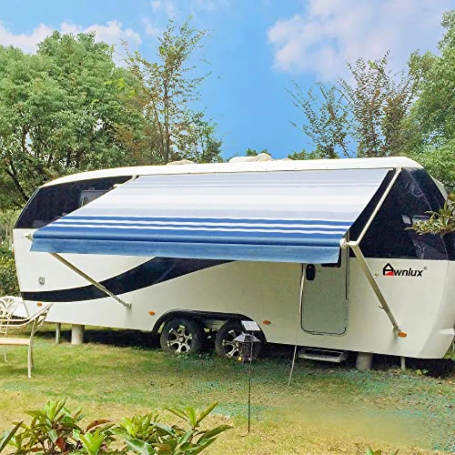 

White Manual Modular Retractable RV Awning 10x8 Ft with Blue Strip for RV 5th Wheel Travel Trailers Toy Haulers Motorhome Outdo