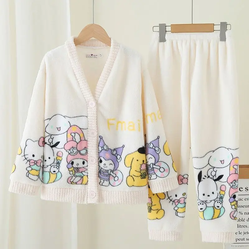 Autumn Winter Women\'s Pajama Cinnamoroll Cartoon Sanrios Melody Kuromi Parent Child Pajamas Flannel Cardigan Thicken Loungewear