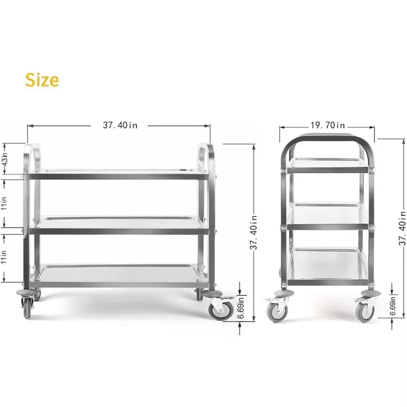 

37.4 x 19.7 x 37.4 Inch Extra Large 3 Tier Stainless Steel Cart, w/Locking Wheels, Kitchen Utility Rolling Cart, Hotel handcart