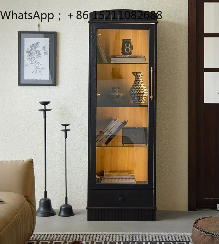 SCY solid wood floor-to-ceiling bookcase, locker integrated storage, living room home wall black wine cabinet