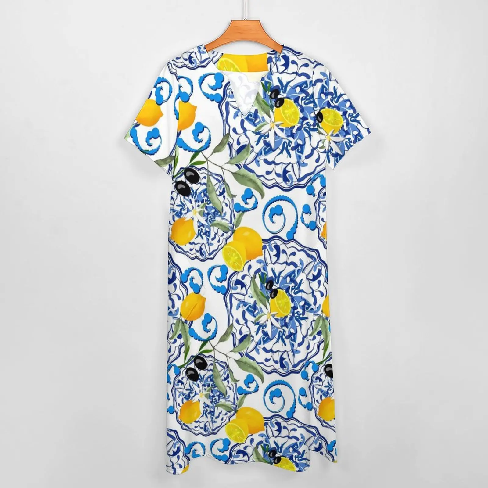 Retro Blue Flower Dress Lemon Fruit Elegant Maxi Dress Streetwear Casual Long Dresses Summer V Neck Custom Vestido Big Size 4XL