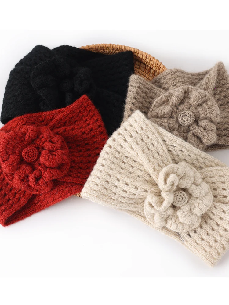 

Женская 100% кашемировая повязка для волос ручной работы, вязаная крючком, цветочная повязка на шею, теплая повязка на голову с галстуком-бабочкой, аксессуары для волос из чистого кашемира, головные уборы