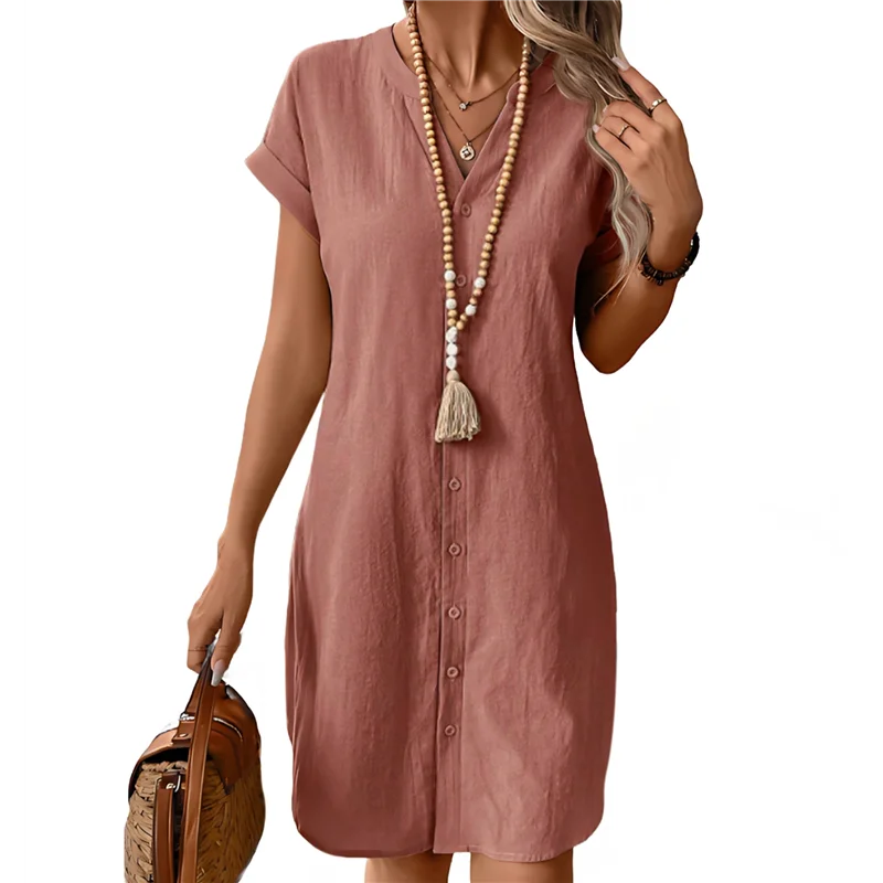 ASDS-Women Linen Dress Spring Summer Casual Cap Sleeve V Neck Midi Button Down Shirt Dresses