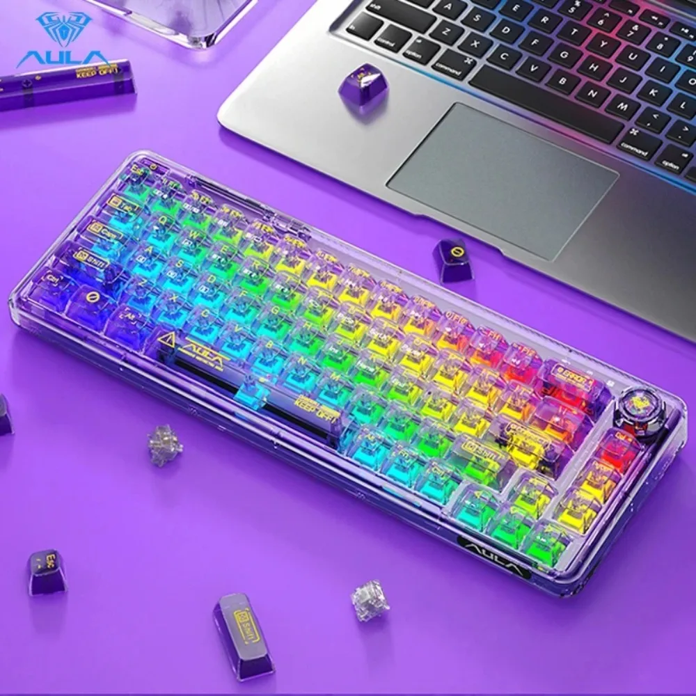 AULA Wireless Mechanical Keyboard Bluetooth F68 2.4GWireless/Bluetooth/Wired Transparent Keycaps For Lights Work Gaming Keyboard