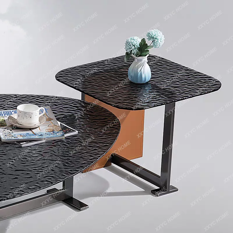 X-S  modern high-end tempered glass saddle leather special-shaped coffee table combination HG