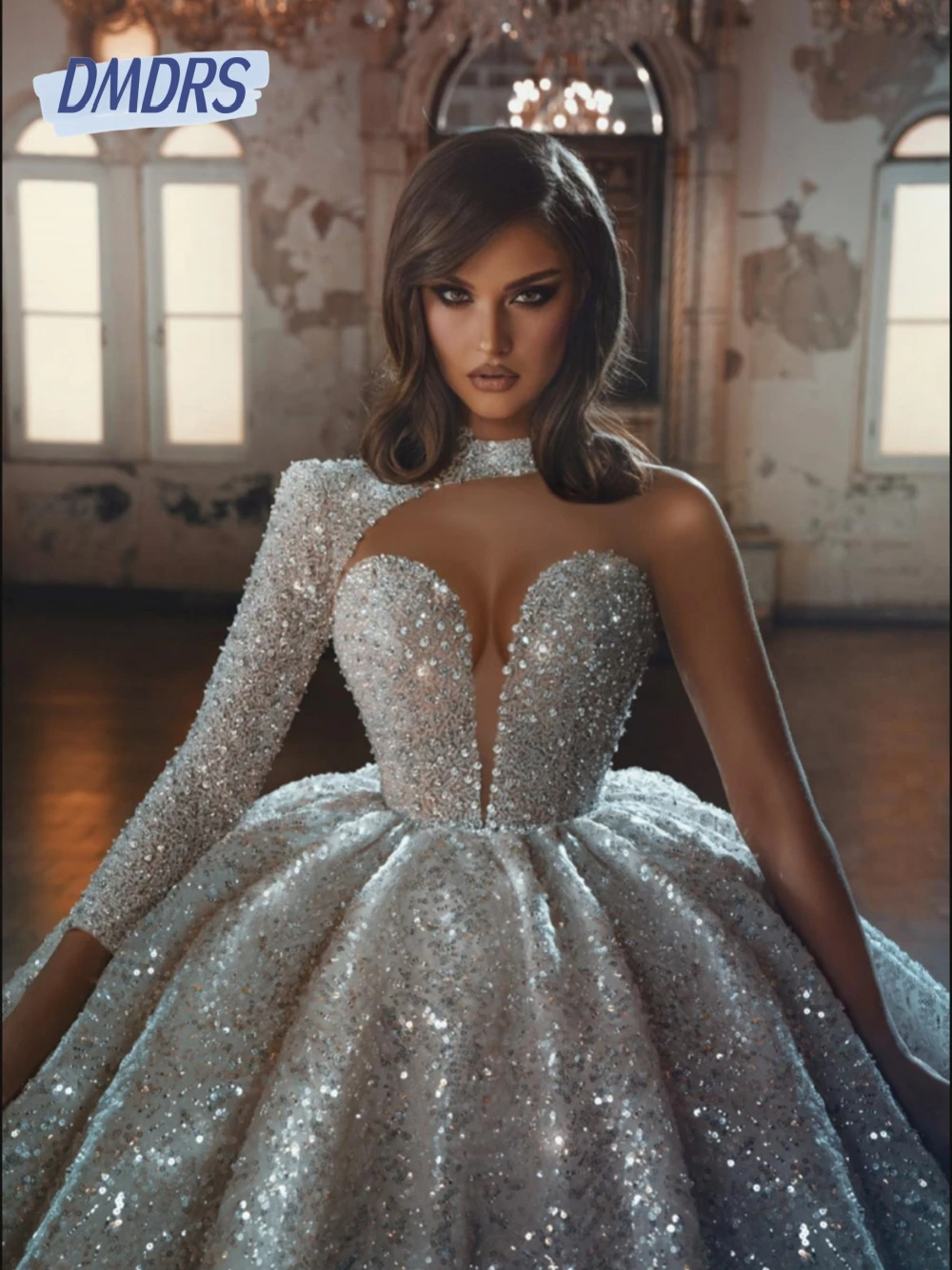 

Charming Crystals Sequins Wedding Dress Shiny High Neck Ball Gown Modern Customized Women Luxurious One Shoulder Birde Dress