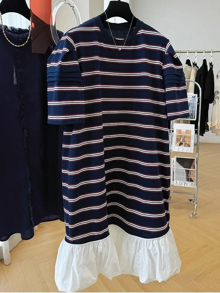 Sommer Damenmode Kurzarm T-Shirt Kleid Lässig Lose O-Ausschnitt Kleid Retro Gestreiftes Kleid