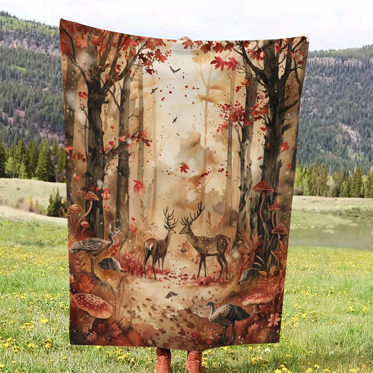 Reindeer Pattern Small Coverlet in the Deep Forest of Maple Leaves in Late Autumn, Soft Blanket, Flannel Blanket, One Piece