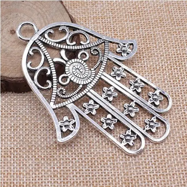 2pcs 85x62mm Tibetan Silver Alloy Charm palm Hand With Flowers Big Flowers Pendant EF3813