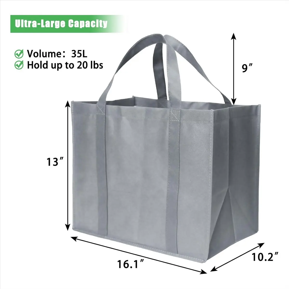 ABQR 35L Reusable Grocery Bags with Long Handles, 10 Pack Foldable Reusable Shopping Bags, Grocery Bulk Tote Bags Grey