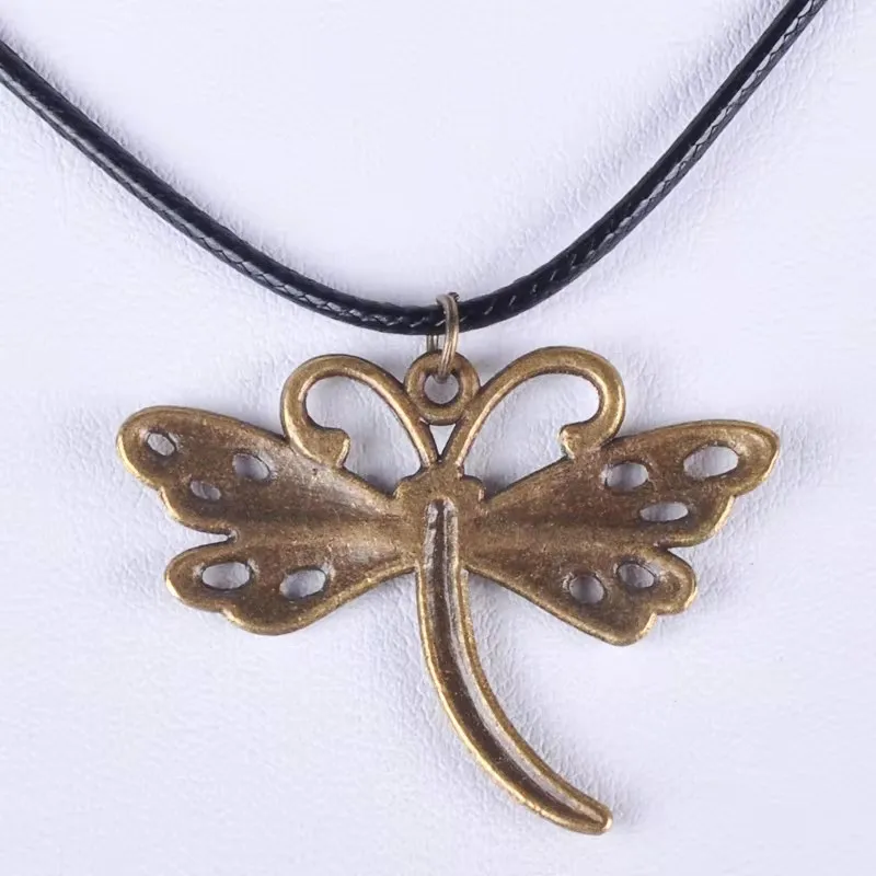 28*36Mm Vintage Bronze Antique Ancient Dragonfly Pendant Necklace Women Wax Cord Rope Necklace Jewelry Fashion Alloy Jewellery