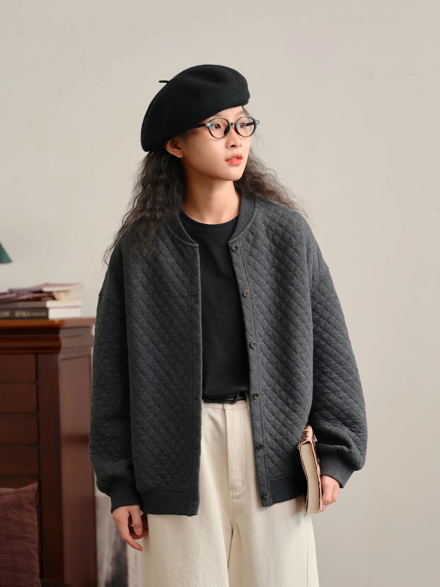 Loose Fit Knitted Cardigan Coat Women's round Neck Long Sleeve Cotton Polyester Blend Outerwear Autumn Season Cloud Flocking
