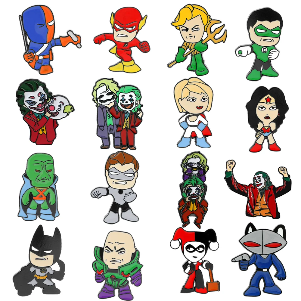 

Набор из 16 креативных мультяшных брошей: приключения Бэтмена, Джокер, эмалированные значки, металлические нагрудные знаки, украшения для одежды, аксессуары для рюкзаков, подарок
