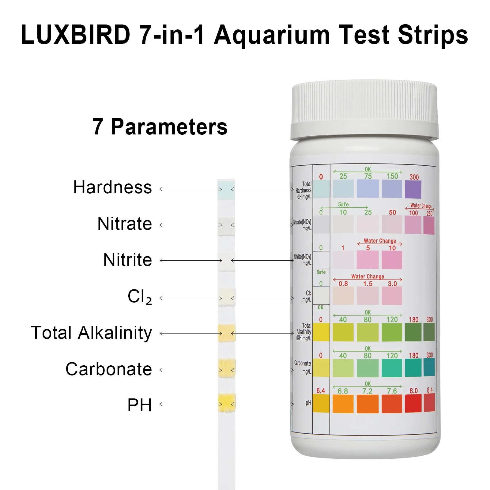 LUXBIRD 100 قطعة شرائط اختبار حوض السمك 7 في 1 خزان الأسماك جودة المياه مجموعة اختبارات طبّية المياه العذبة المياه المالحة حوض السمك المياه pH شرائط الاختبار