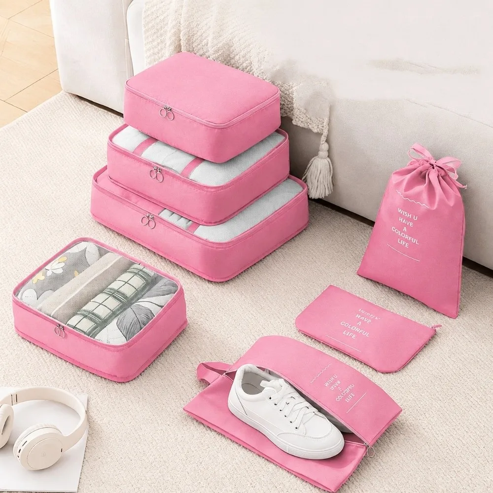 7 Pcs Portable Mesh Breathable Travel Packing Cubes Pink Practical Cloth Organizers Set Polyester Luggage Pouchs Suitcases
