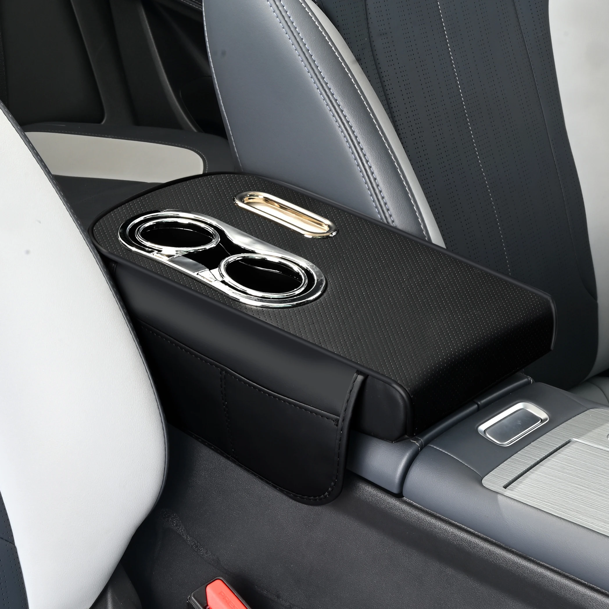 Auto-Mittelkonsolen-Pad mit Aufbewahrungsorganisator, höhenverstellbar, PU-Leder, Dual-Getränkehalter, Taschentuchbox für Fahrzeugzubehör