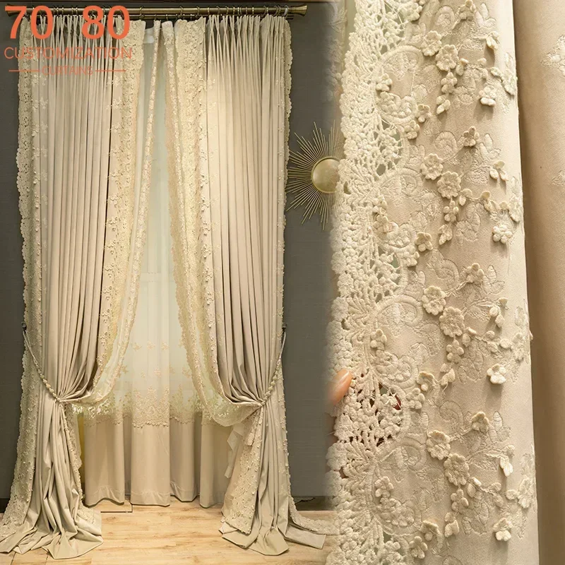 Nuevas cortinas de terciopelo bordadas francesas para sala de estar, dormitorio, Color té de la leche Retro americano, ventanas de piso a techo personalizadas