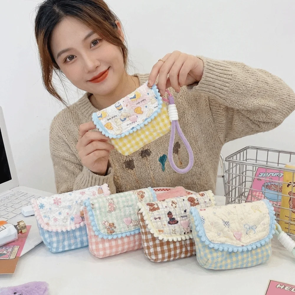 Polyester Cartoon Printed Coin Purse Portable Zipper Card Holder Plaid Pattern Lightweight CCD Camera Storage Pouch Earphone