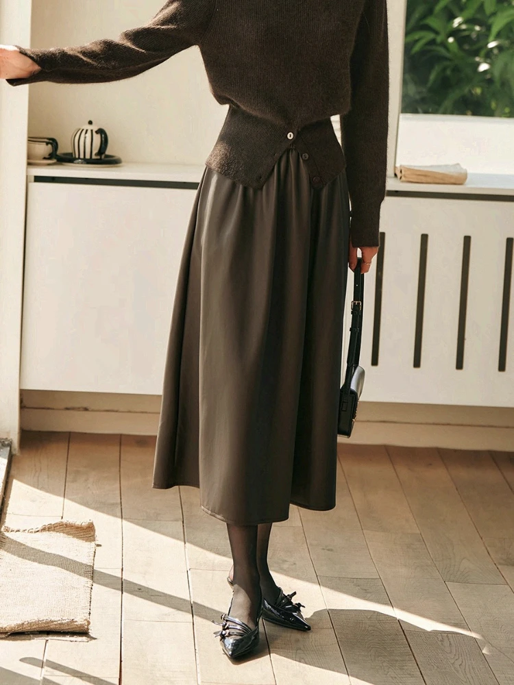 

OLrain French Retro PU Leather Skirts Women Autumn New High-waisted Midi Skirt Commute Simple Solid A-line Skirt Lady O57QB88368