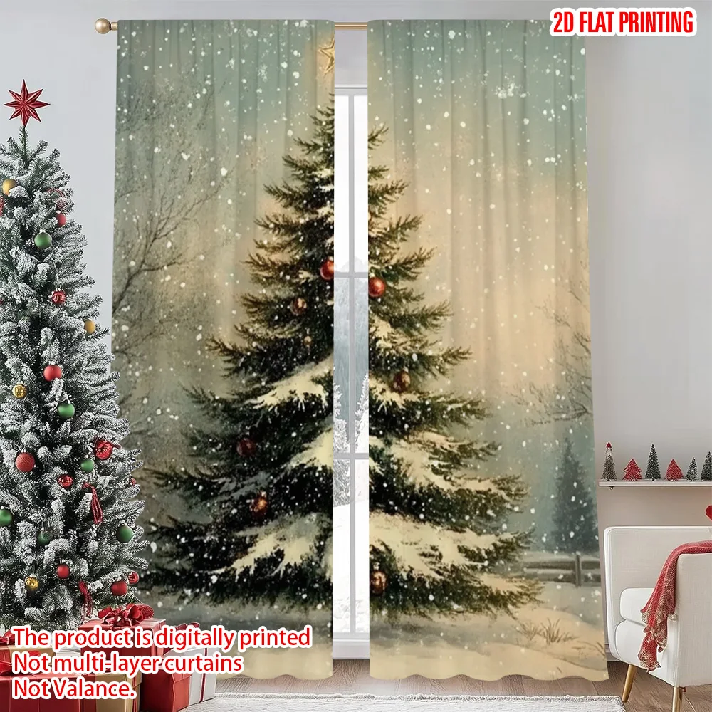 

2pcs 2D flat printing Merry Christmas Scene Curtains christmas trees5 Machine Washable Fabric Without Electricity Holiday