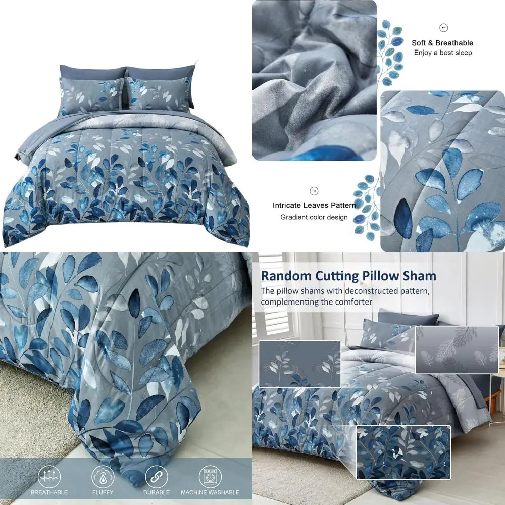 

Комплект из 7 предметов: синий комплект постельного белья размера Queen с растительным градиентом и узором из листьев, ультрамягкий микрофибровый, двусторонний, легкий, всесезонный.