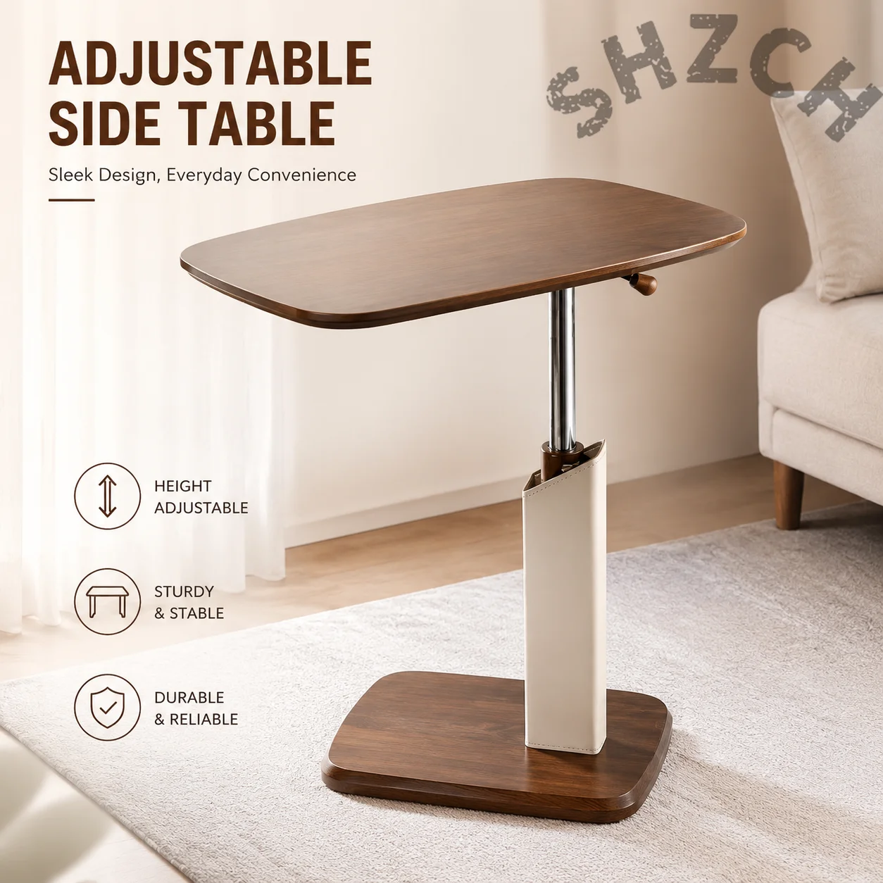 360° Rotating Height-Adjustable Walnut Side Table – Sturdy Mobile End Table for Living Room or Sofa