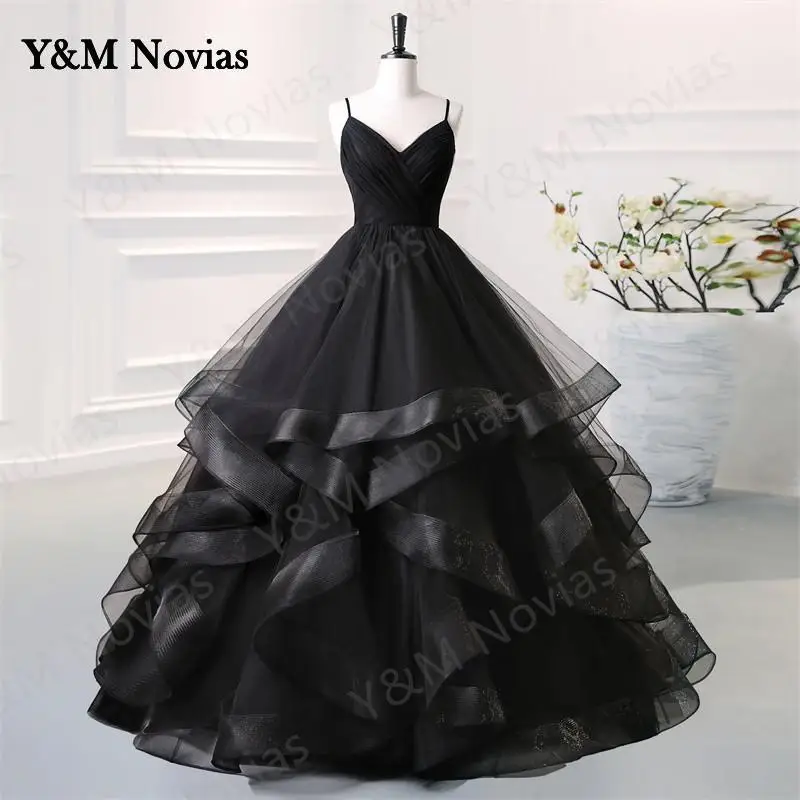 Y&M Novias Black Quinceanera Dresses Ruffles Sweetheart Spaghetti Straps Sweet 15 Girls Princess Dress Vestidos De Quinseanera